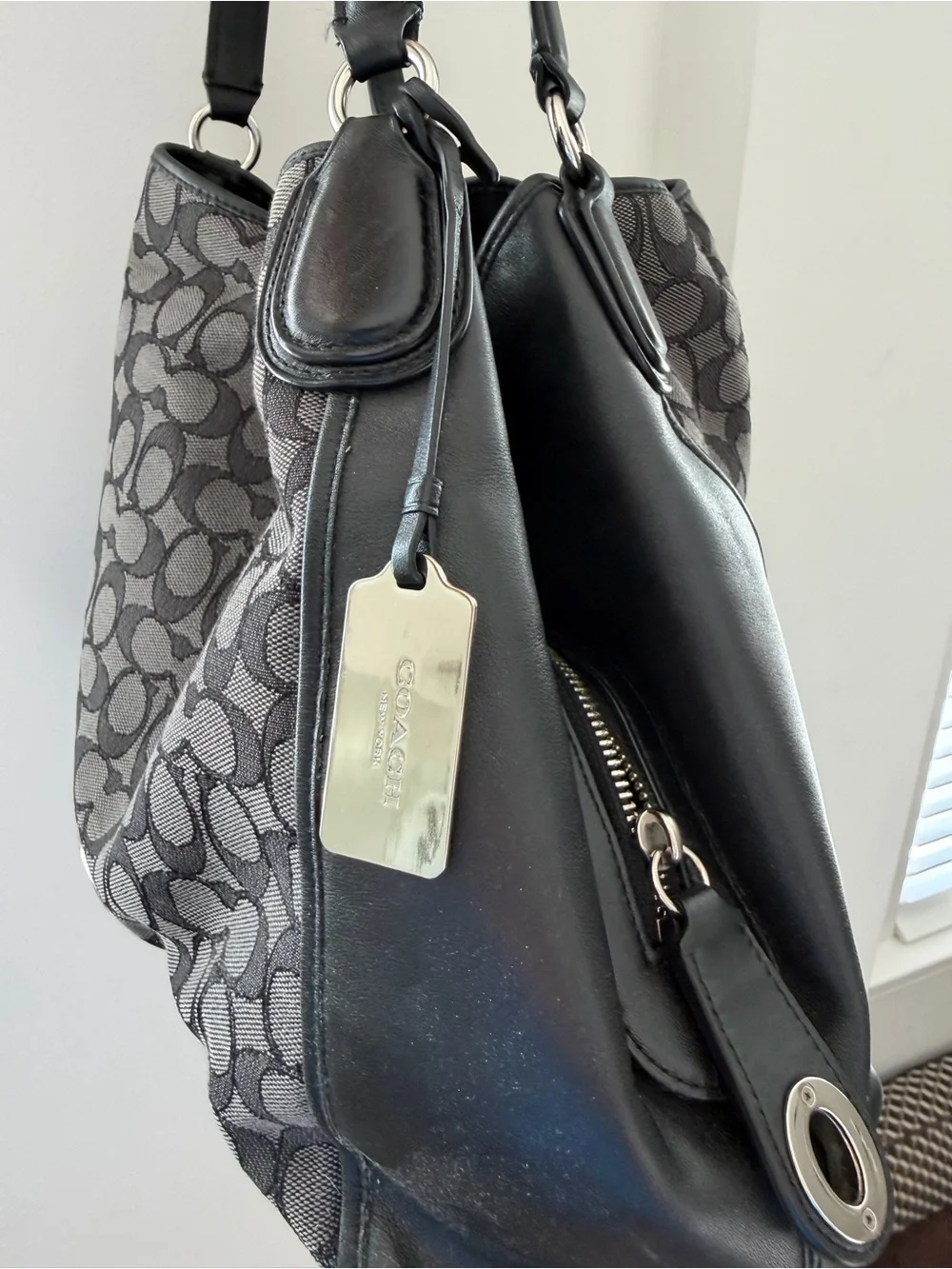 Coach Signature Canvas Shoulder Bag in Black and Gray